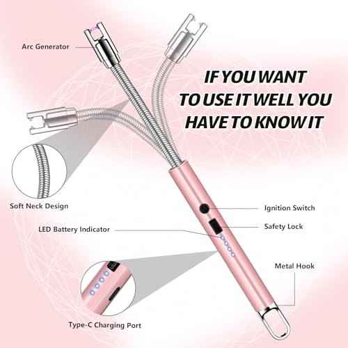 2 PCS Electric Lighter, Candle Lighter Arc Windproof Flame-Less with 360¡Æ Flexible Neck & LED Power Display, Type-C Rechargeable for BBQ, Grill, Camping, Fireplace, Stove