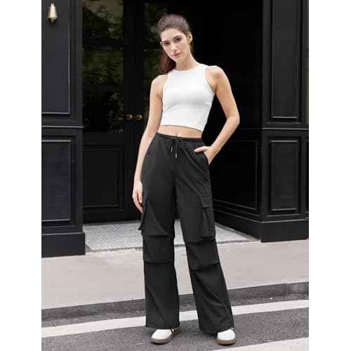 Womens Cargo Pants Elastic Waist Wide Leg Parachute Pants with 4 Pockets Baggy Hiking Trousers Travel Y2K Waterproof