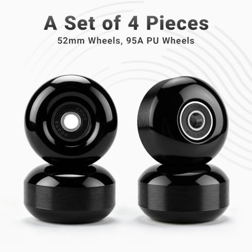 Black 52mm 95A Skateboard Wheels and Bearings Set - Complete 4Pcs