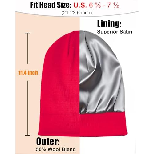 Satin Lined Beanie Hat for Women Men, Wool Knit Cuffed Silk Lining Fisherman Beanies Slouchy Warm Winter Hats Skull Cap