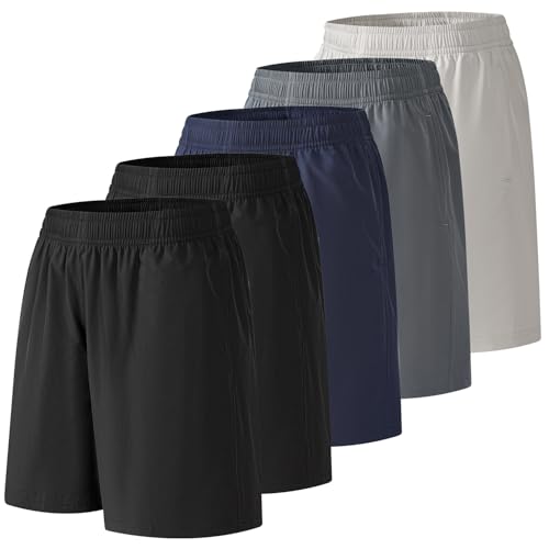 Men's Athletic Shorts 5 Pack - Large, Black & Blue, Gray, Quick Dry Workout & Running Shorts for Men