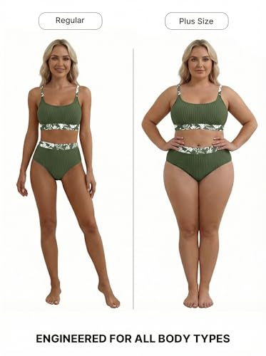 High-Waisted Floral Bikini Set for Women - Large / Army Green