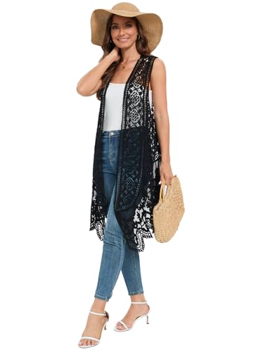 Black Sheer Crochet Cardigan Cover Up Mesh Hippie Vest - Sleeveless