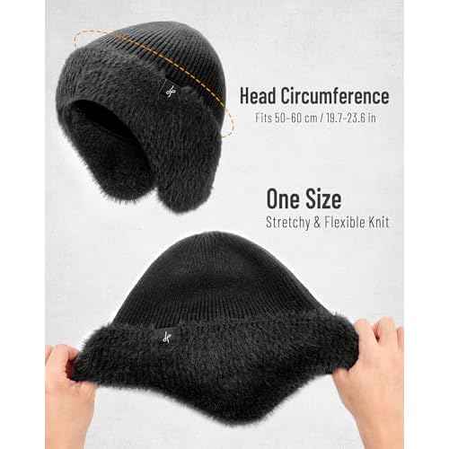 Winter Fleece-Lined Beanie with Earflaps,Warm Windproof Beanie Hat for Men & Women