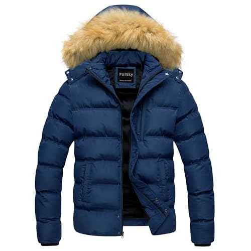 Pursky Men's Puffer Jacket Waterproof Winter Bubble Coats Ski Parka Fur Hooded