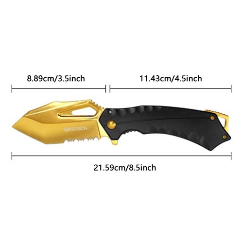 EDC Tactical Outdoor Knife - 4.5" Closed Assisted Open Pocket Folding Knife with Stainless Steel Handle - Made of 440 Stainless Steel, GOLD (PWT394BK)