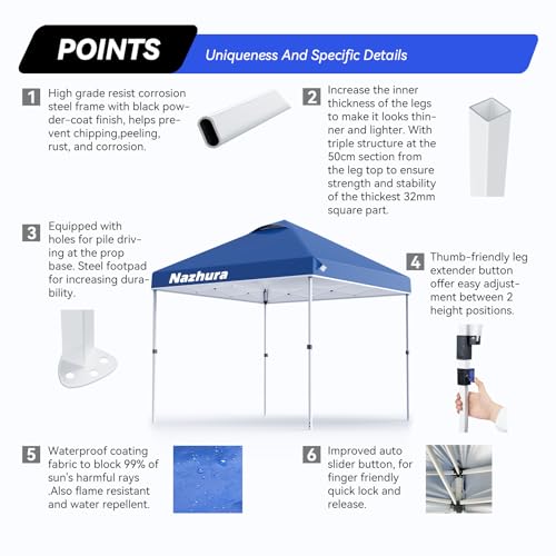 Nazhura 10' x 10' Pop Up Canopy Tent with Sand Weight Bag, Freestanding Sun Shelter for Picnic and Camping, One Person Setup and Height Adjustable (Blue)