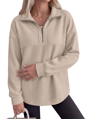 ANRABESS Women's Loose Quarter Zip Fleece Sweatshirt Large Beige Fall Pullover