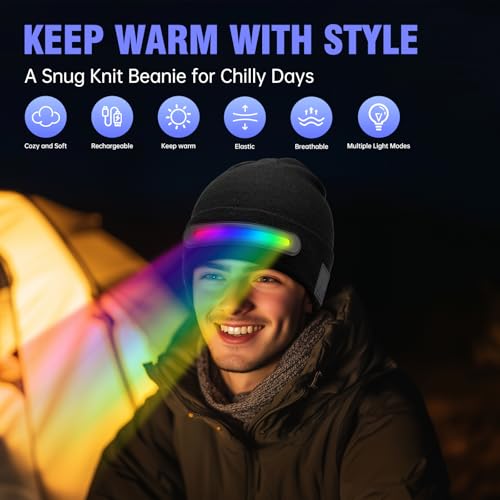 Beanie Hat with LED Light Strip, Rechargeable Winter Warm Cap with Multiple Light Modes Headlamp, Windproof Warm Knit hat for Men Women, Ideal for Outdoor Activities