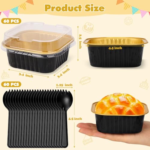Mini Disposable Cake Pans with Lids 10oz Square Aluminum Baking Cups - Black