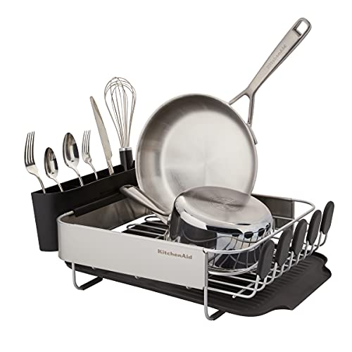 KitchenAid Compact, Space Saving Rust Resistant Dish Rack with Removable Flatware Caddy and Angled Self Draining Drainboard, 16.06-Inch, Black