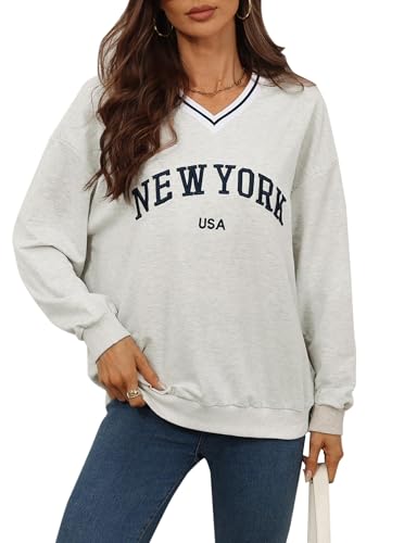 Remidoo Women's Oversized V-Neck Sweatshirt - Long Sleeve Yankee Top, Grey, Large