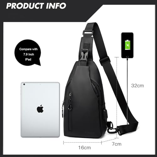Men Crossbody Bag Waterproof Sling with USB Charging Port - Black