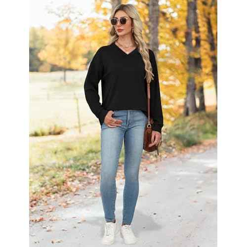 WIHOLL Sweatshirt for Women V Neck Sweaters Long Sleeve Shirts Fall Clothes Ribbed Collar 2025 Trendy Fashion