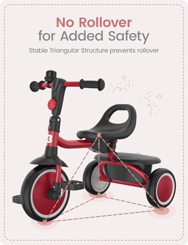 Toddler Tricycle with Bell - 18 Months to 5 Years, Red Kids Bike, Foldable & Safe Ride