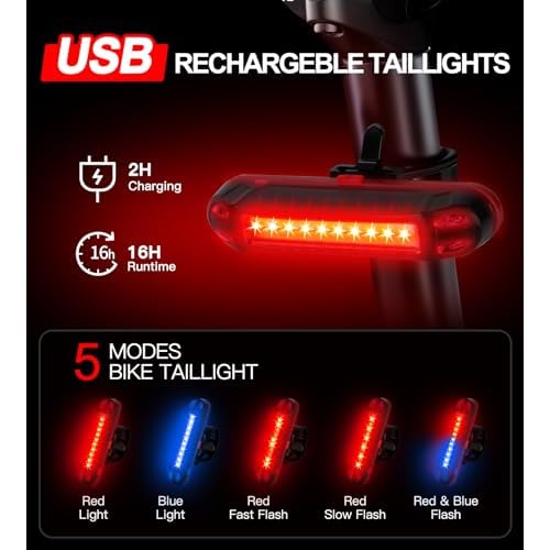 Bike Light Set USB Rechargeable - 5400mAh Bike Headlight & Taillight with Digital Display, 3 LED Super Bright 1600 Lumen 6 Lights Modes for All Bicycles, Road, Mountain, Night Riding