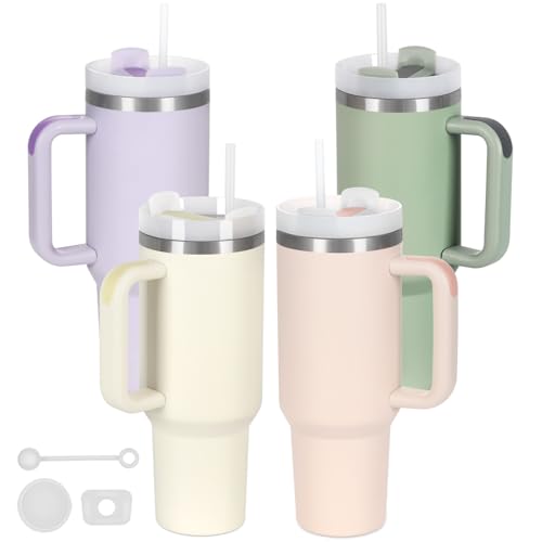 40 Oz Stainless Steel Tumbler with Handle Set - Cream, Purple, Green, Rose Quartz