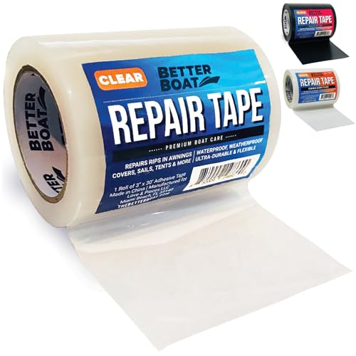 Repair Tape for Fabric Boat Covers, Canvas Tents, Pop-Up Campers, RV Awnings, Tarps, Canopies, Bimini Tops, Sails, Air Mattress Patch Kit, 30ft x 3" Clear Heavy-Duty Waterproof Vinyl