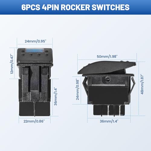 Marine Toggle Switch 4-Pin SPST 12V/20A, 24V/10A – 6-Pack with Night Glow Sticker