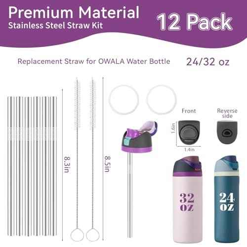 12PCS Replacement Straws Compatible with Owala 24oz/32oz with 2 Cleaning Brushes 6 Reusable Stainless Steel Straw 2 Water Bottle Seal Ring 2 Replacement Stopper for Owala Freesip (Grey)