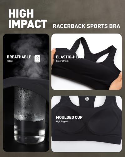 Running Girl High Impact Sports Bra for Women Large Black Racerback Workout Bra Molded Cup with Sewn-in Pads