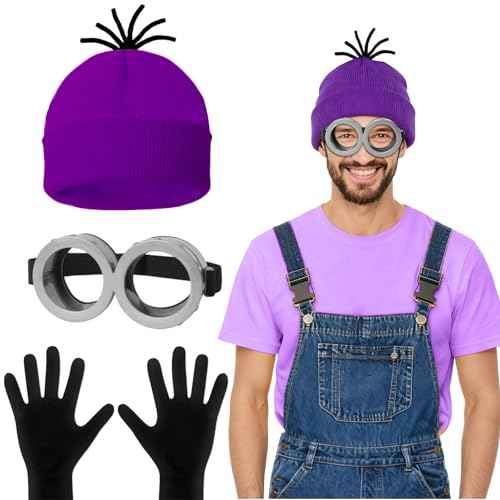 3Pcs Halloween Costume Accessories Adult, Yellow/Purple Beanie Goggles Gloves Women Men Halloween Party Costume Accessories