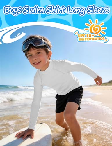 Toddler Boys Rash Guard Swim Shirt UPF 50+ Long Sleeve White Small
