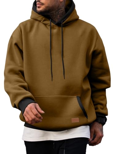Men's Hoodies Sweatshirts Casual Fleece Pullover with Pocket - Large Brown