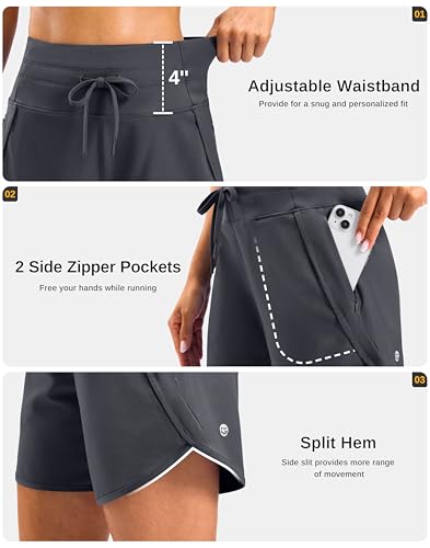 Women's 5 Inch Athletic Running Shorts with Zipper Pockets - Charcoal Large