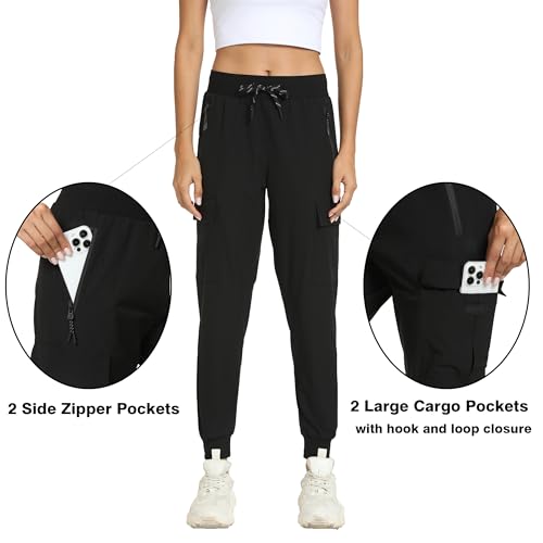 Women's Lightweight Hiking Cargo Joggers with 4 Pockets - Dark Black, Large