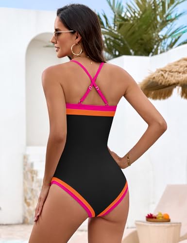 Women's One Piece Swimsuit Color Block Ruched Tummy Control Large Pink-Orange-Black