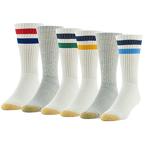 Men's Cotton Crew Athletic Socks - 6 Pairs Stripe White & Light Blue, Large