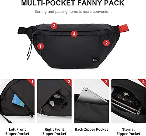 Large Crossbody Fanny Pack for Women Men with 5 Zipper Pockets - Black