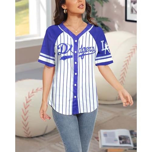 Baseball Shirt Jerseys for Women Baseball Jersey Game Day Fan Striped Baseball Player Button Down Short Sleeve Tops
