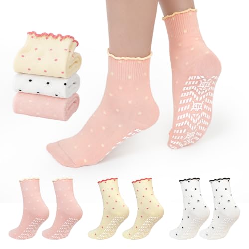 Anti Slip Crew Socks for Women - Artfasion Non Slip Grippy Ruffle Socks 9-11 Cream+White+Light Pink