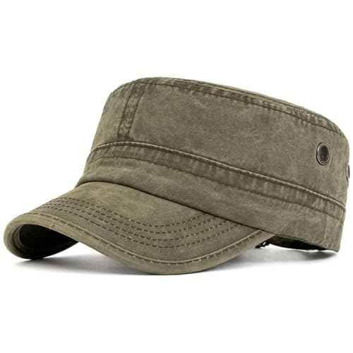 Malaxlx Military Cadet Army Cap for Men Women ? Washed Cotton Vintage Adjustable Flat Top Hat