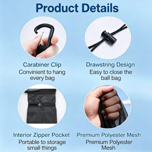 Black 2-Pack Sports Ball Bag 12x10 Inch Mesh Storage with Zipper Pocket and Adjustable Drawstring