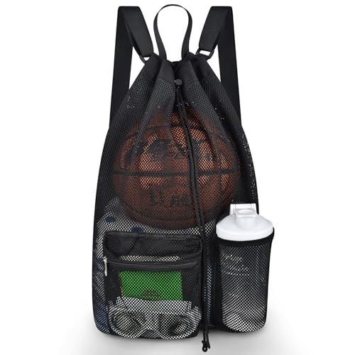 Large Mesh Drawstring Backpack for Gym & Travel - Black, 21x12.5x5.5 Inches