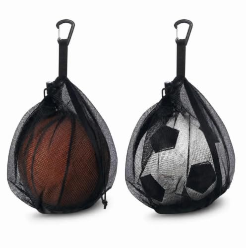 Black 2-Pack Sports Ball Bag 12x10 Inch Mesh Storage with Zipper Pocket and Adjustable Drawstring