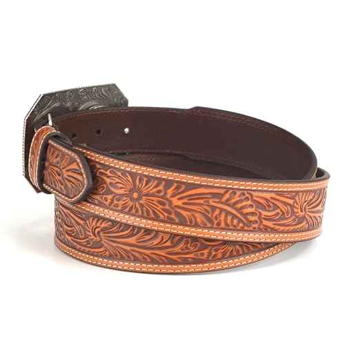 ARIAT Men's Raised Logo Floral Embossed Tapered Leather Belt