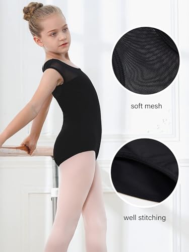 Girls Ballet Leotard with Cotton Mesh Cap Sleeve for Dance Class - 6-7 Years, Black