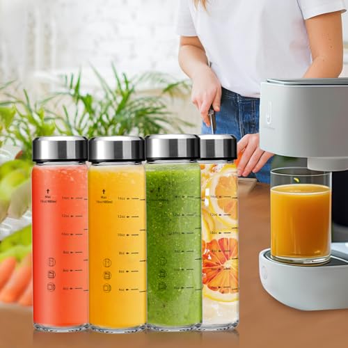 Clear 16oz Glass Juice Bottles - Pack of 4 with Stainless Steel Lids, BPA-Free