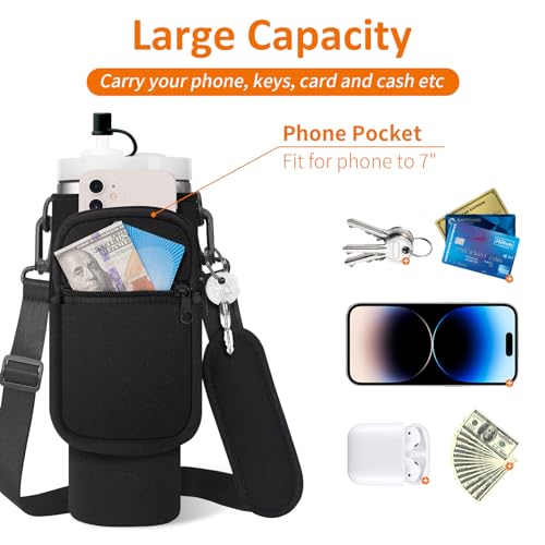 AceTreker 40 oz Water Bottle Carrier Bag with Handle & Straps - Black