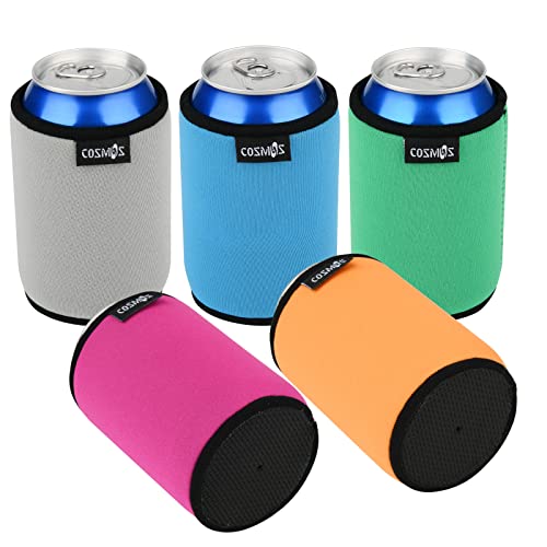 Can Cooler Sleeves Pack of 5 - Non Skid Flat Bottom Neoprene Insulators for 12 oz Cans - Multi Colors