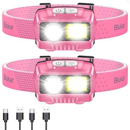 Blukar LED Headlamp Rechargeable,2000L High Lumen Super Bright Dimmable Headlight Flashlight with Motion Sensor- 8 Modes,Spotlight&Floodlight,IPX5 Waterproof for Camping,Hiking,Running -2 Pack-Pink