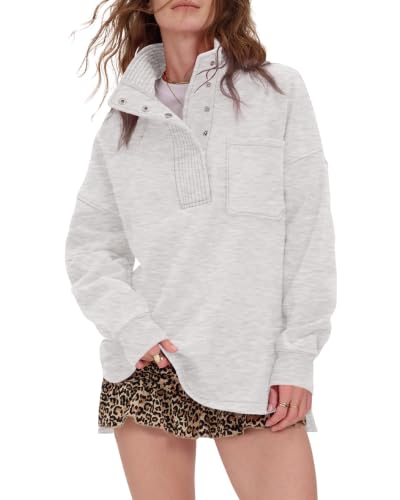 Women's Oversized Sweatshirt with Snap Button Henley Neck - Light Grey, Medium