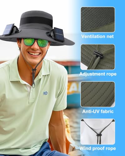 Wide Brim Sun Hat with 2 Solar Fans for Men Women UPF 50+ Garden Beach Grey Medium