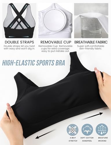Women’s Sports Bra with Removable Cups - Black, Large, Medium Support Workout Yoga Running