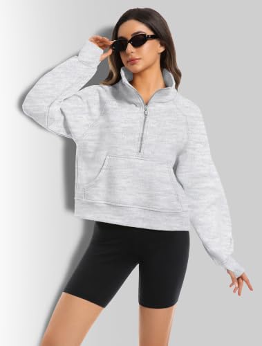 Women's Half Zip Cropped Fleece Hoodie - Small Grey Fall Fashion