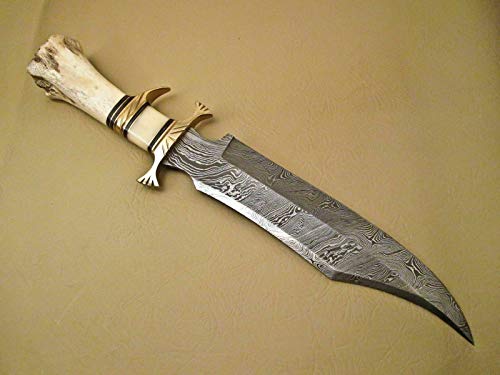 Kidsnado Damascus Steel Hunting Knife 15 Inch Fixed Blade with Camel Bone Handle White